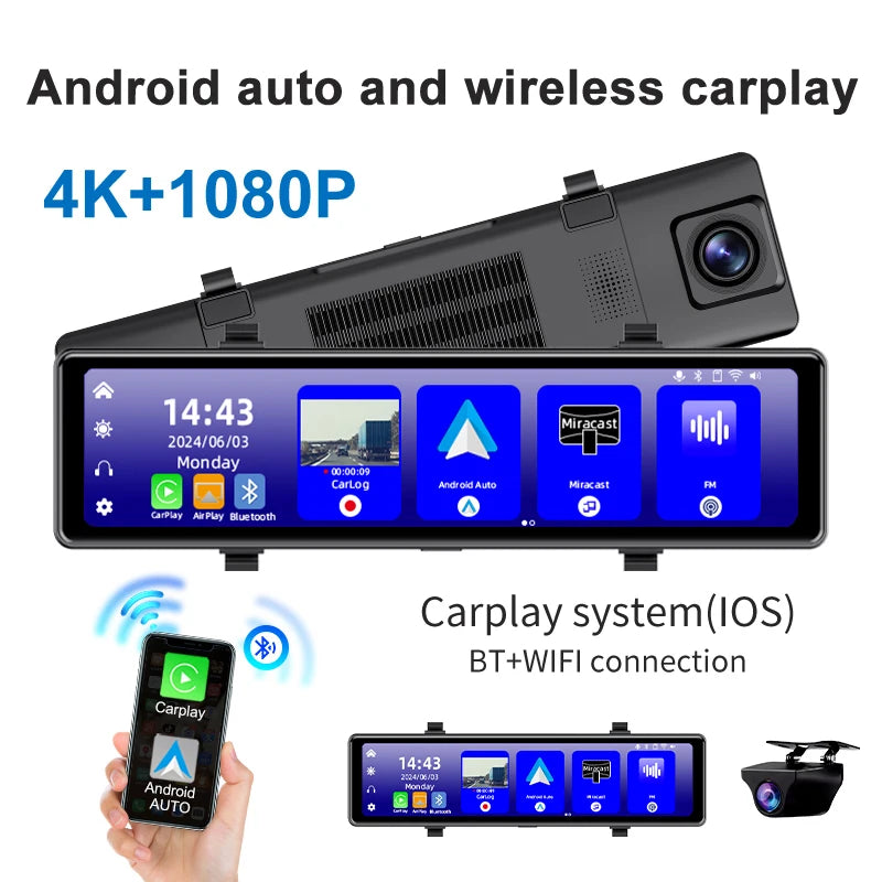 Acceo 4K WIFI Dashcam RearView Mirror DVR Support Rear View Camera Wireless Carplay Android Auto Video Recorder Camera Black Box