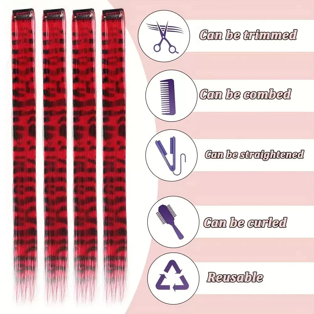 3pcs/set Stripe Printed Hair Colorful Long Straight Hair Pieces Synthetic Clip-in Hair Extensions for Daily Use Party Halloween