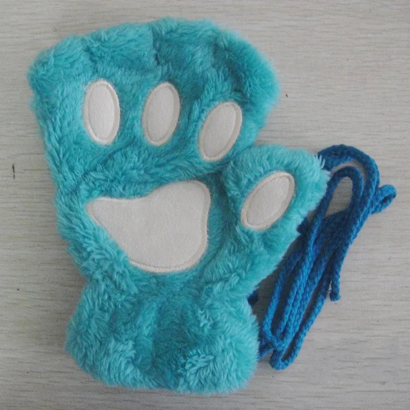 Women's Cat Paw Plush Mittens, Fingerless