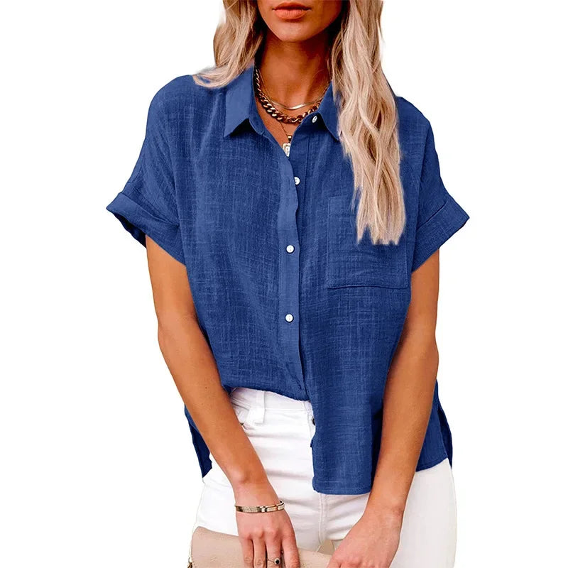 Women's Cotton-Linen Blouse — Loose Short-Sleeve Casual Summer Top