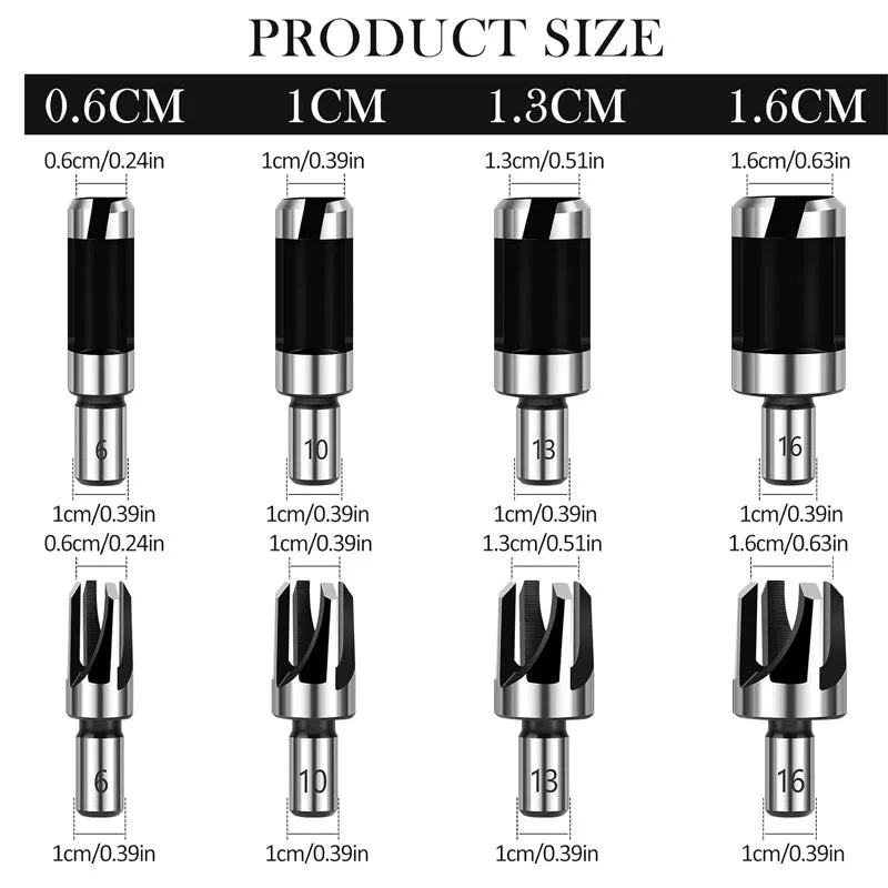 8 Pc Wood Plug Cutter Set, Carbon Steel Tenon Drill Bits