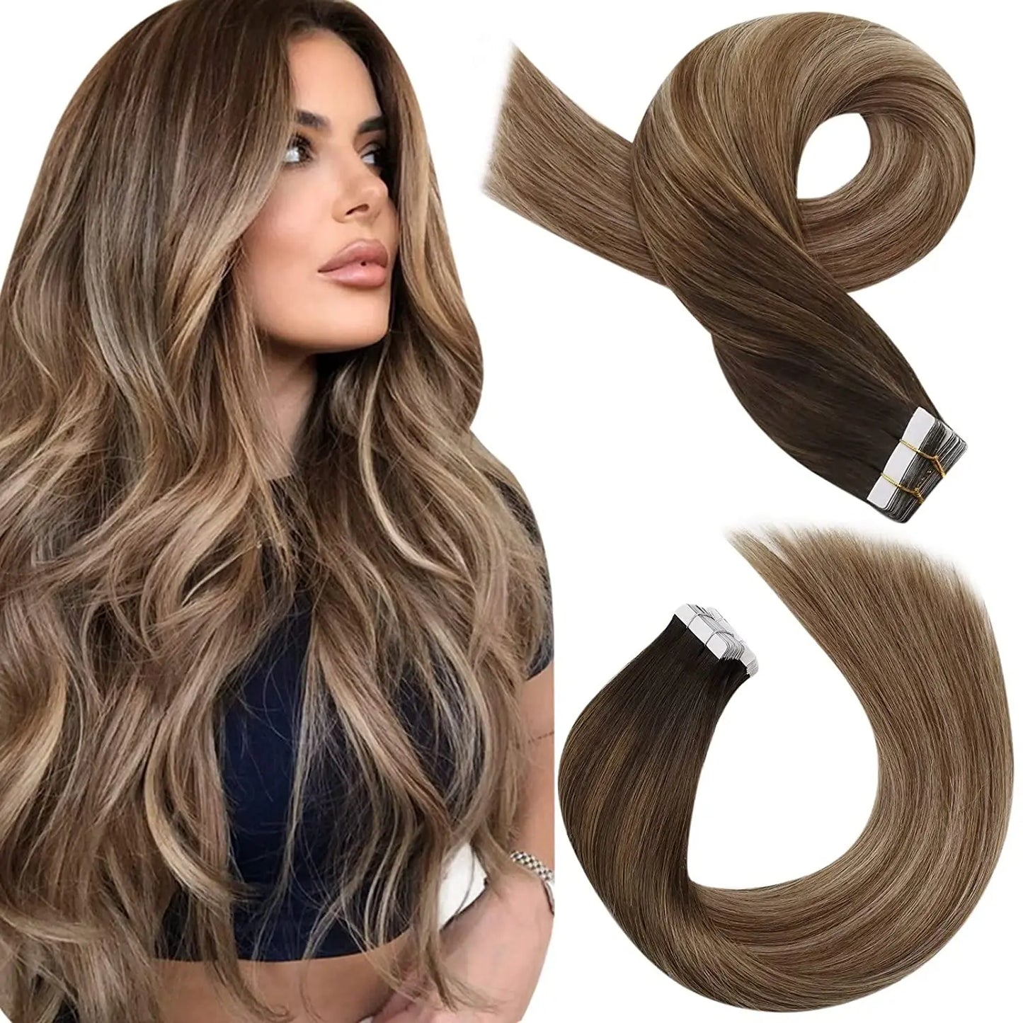 Moresoo Tape in Human Hair Extensions Balayage Blonde Hair Remy Hair Natural Soft Skin Weft Straight Seamless Hair Tape in Hair