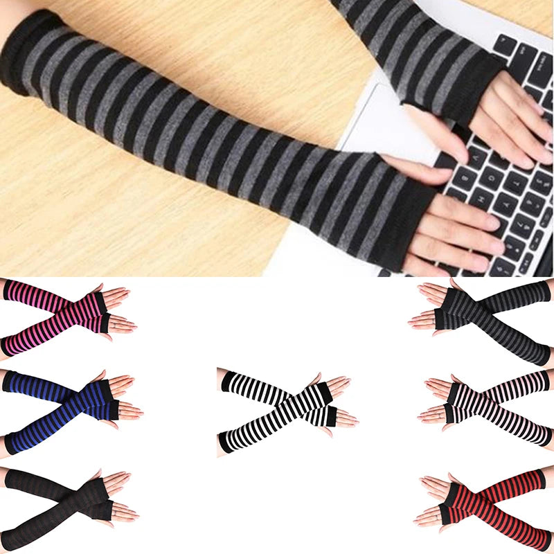 Women's Striped Knit Arm Warmers - Long Fingerless Gloves