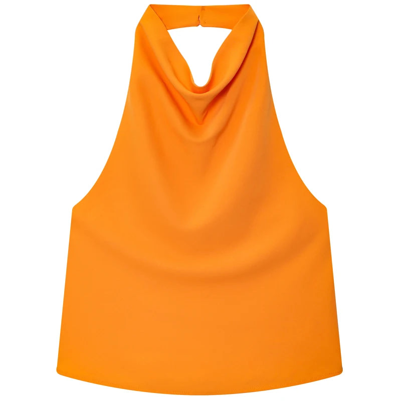 Women's Satin Halter Crop Top — Off-Shoulder Backless Sleeveless Cami