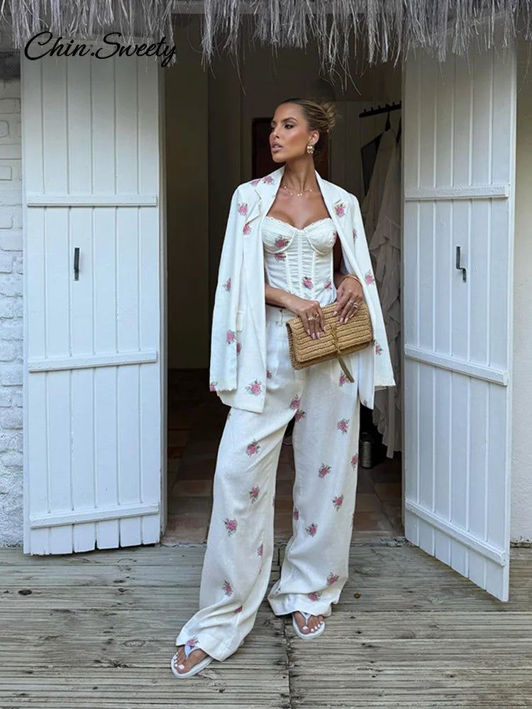 Floral 3-Piece Set — Corset, Lapel Blazer & Straight Pants