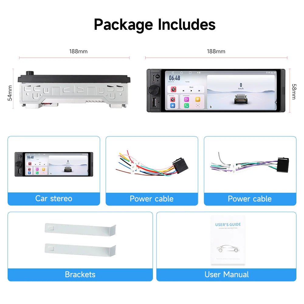 6.28" 1 DIN Universal Car Stereo with Apple CarPlay & Android Auto (MP5)