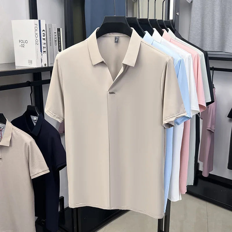Men's Ice-Silk Polo - Seamless Notch Lapel, Metal-Button Placket