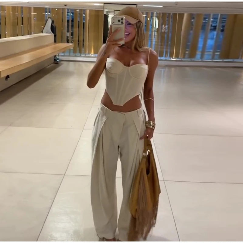 Boho Side-Cutout Cami & Wide-Leg Pants Set for Women