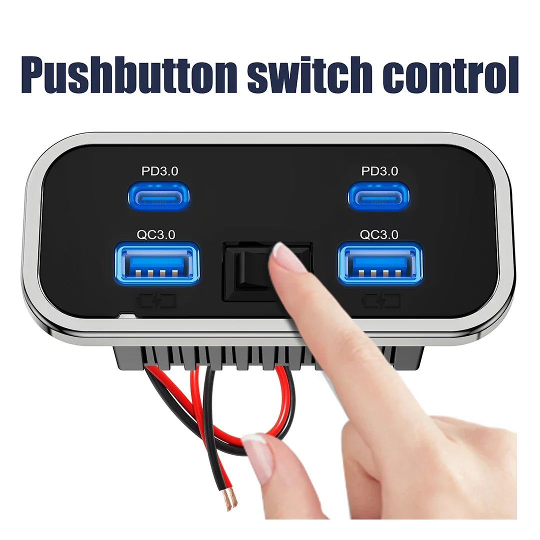 12V-24V 4 Ports Dual USB PD3.0 QC3.0 Outlet 76W Type-C Quick Charge Panel Wall Mount Charger Adapter for Marine Bus ATV Truck RV