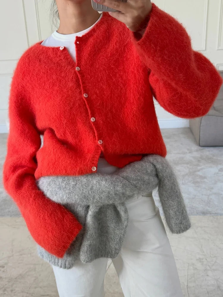Women Short Cardigan Button Down Red Loose Knitted Outwear For Ladies Autumn O Neck Knit Jackets Purple Wool Cardigans For Women