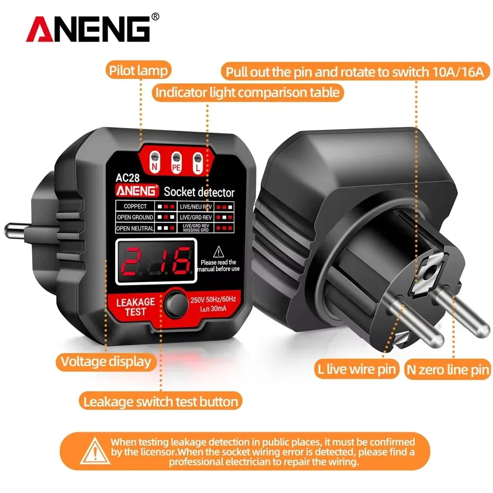 ANENG AC28 Digital Socket Power Tester Smart 50Hz/60Hz Zero Line Phase Circuit  Breaker Finder Check Voltage Tester EU/US Plug