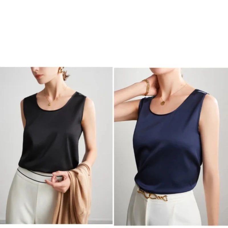 Summer Satin Mulberry Silk Tank Top Casual Versatile Champagne Tops Woman 2026 New Fashion Elegant Vest Loose Sleeveless T-shirt