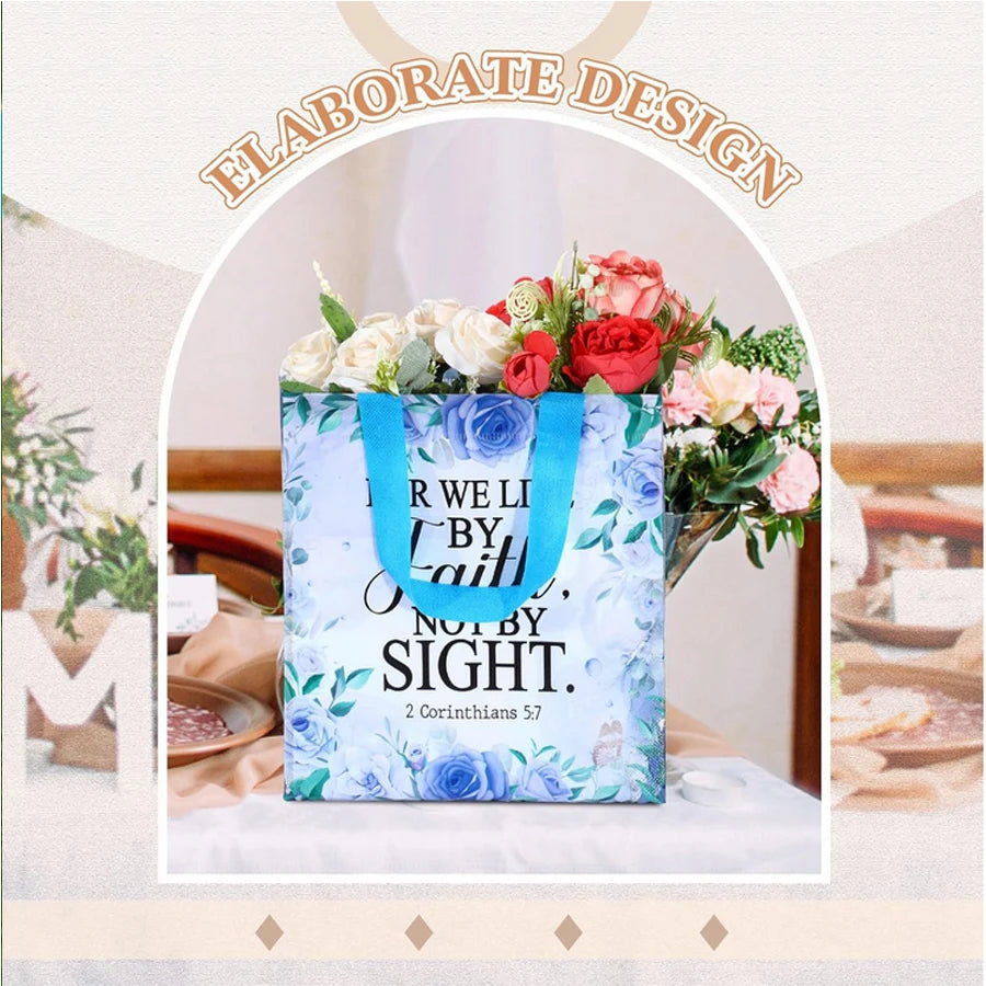 32 Pcs Bible Verse Flower Gift Bag with Handles Religious Reusable Gift Bags Bulk Christian Baptism Tote Bags Non Woven Gift Bag