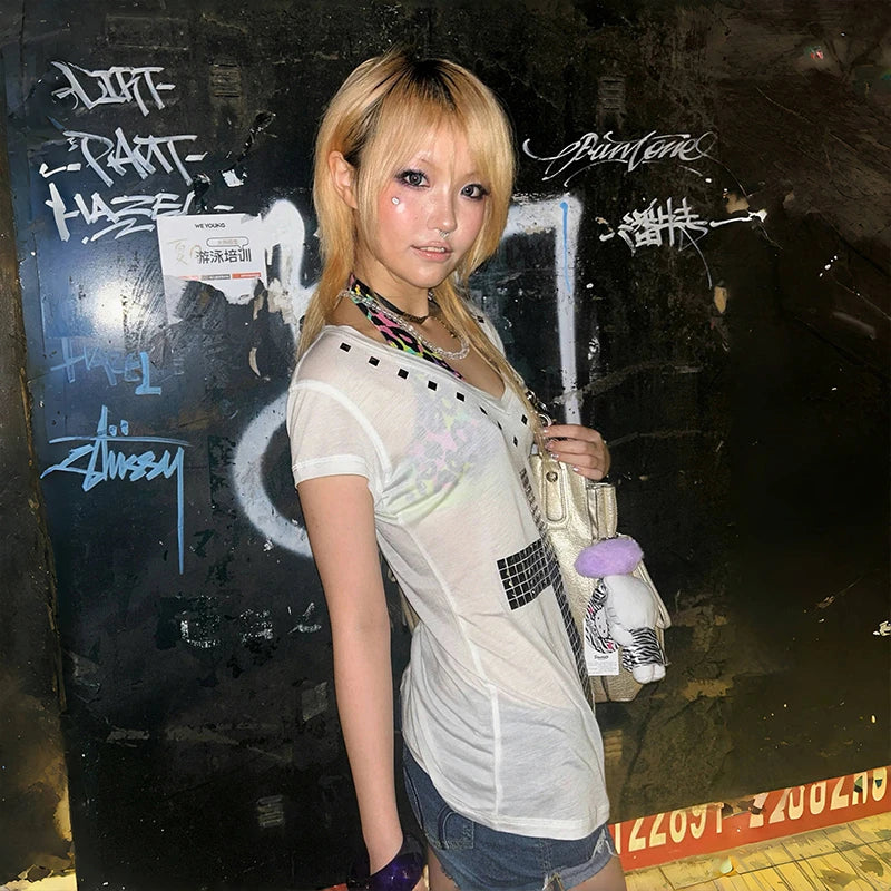 Women's Y2K Cross-Print Sheer Tee — V-Neck Vintage Harajuku Grunge Top