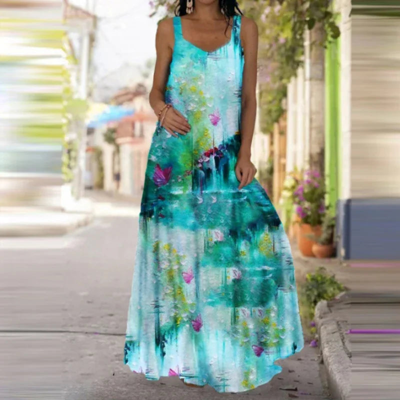 Women's Butterfly-Print Maxi Dress - Sleeveless, Casual Summer