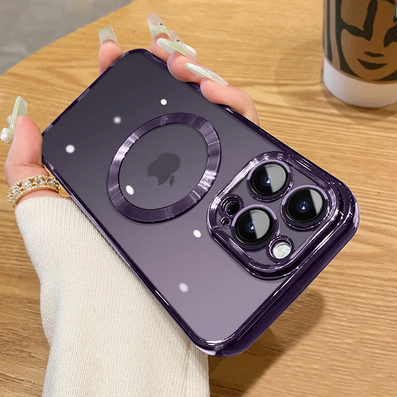 Magnetic Plating Phone Case Compatible with iPhone 11 to 16 Pro Max - Camera Lens Protector, MagSafe Wireless Charging Cover