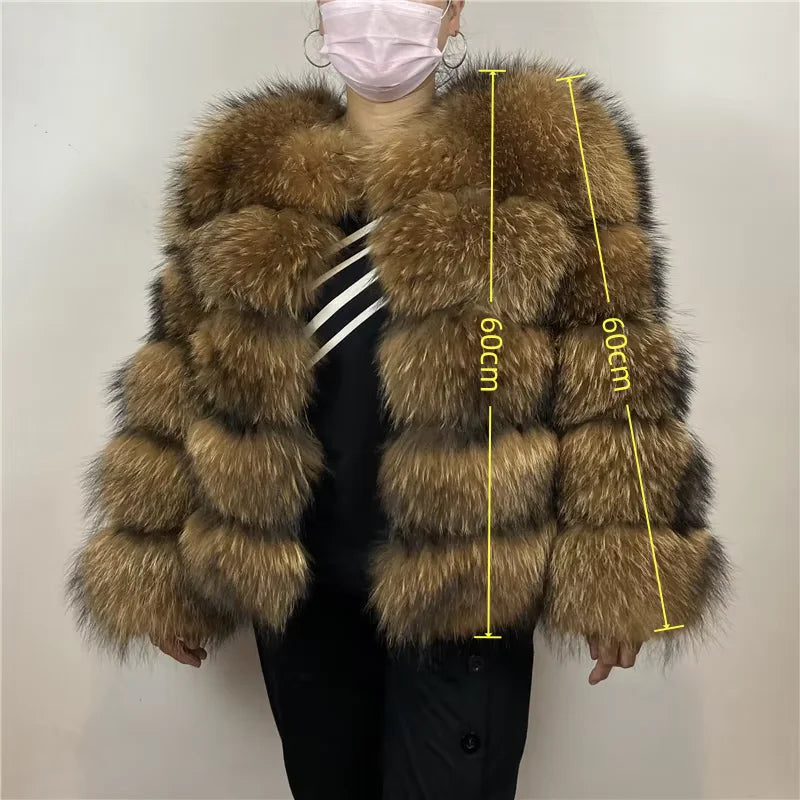 Women's Hooded Raccoon Fur Coat, Turn-Down Collar