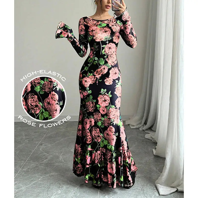 Elegant Rose Print Fishtail Maxi Dress – Long Sleeve