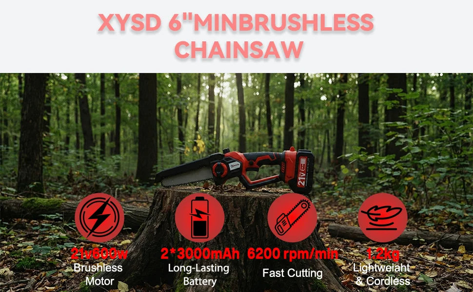 XYSD 8" & 6" Mini Cordless Chainsaw – Brushless Motor, 2x3.0Ah Batteries | Wood & Tree Cutting