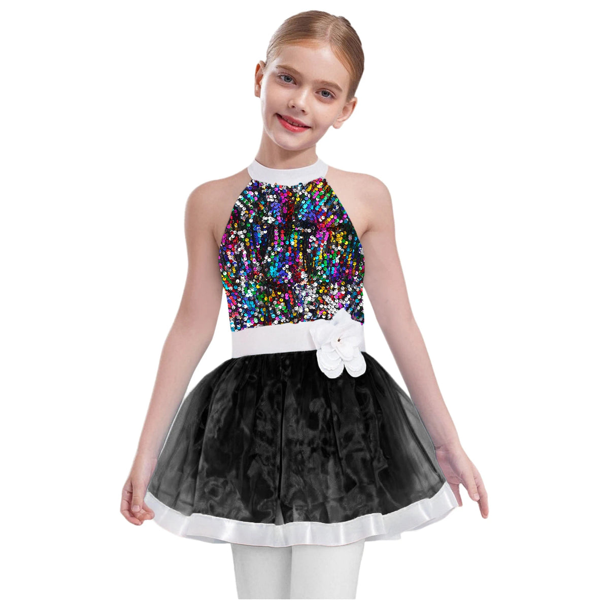 Girls cold-shoulder sequin tiered jazz dress