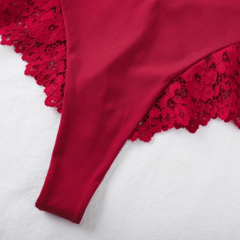 Women's High Waist Panties Sexy Underpants Spliced Lace Lingerie Bowknot Cotton Crotch Thongs Perspective Solid Color Underwear