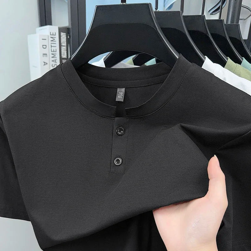 Men's Plain Henley Tee - Two-Button Placket, Soft Breathable Knit