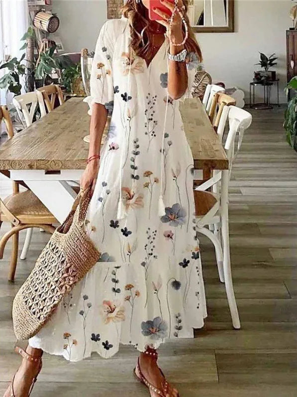 2026 Women Vintage Print Bohemian Dress Summer Fashion V Neck Half Sleeves Long Dresses Female Casual Holiday Beach Dresses