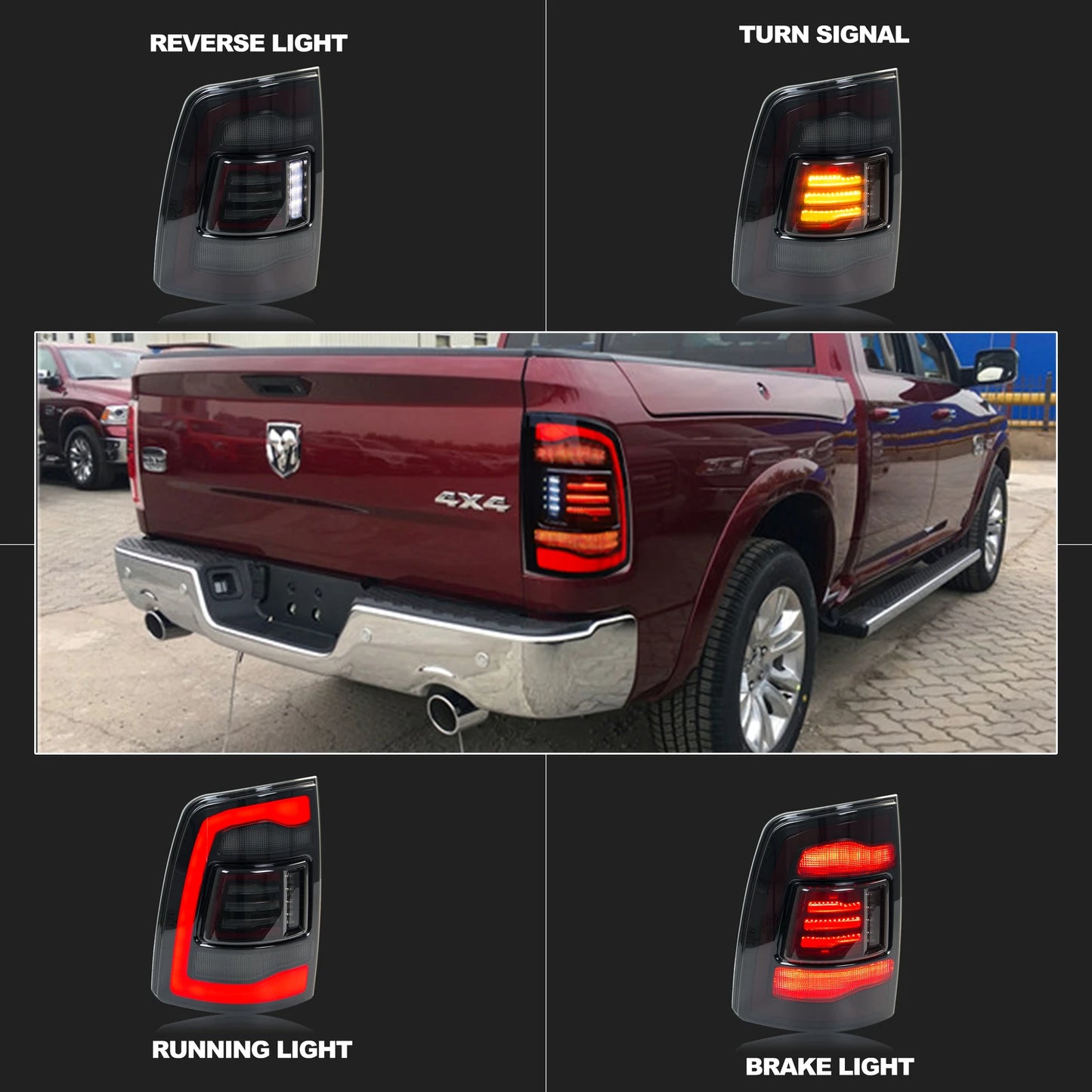 LED Sequential Tail Lights for Dodge Ram 1500/2500/3500 2009-2018 (Black, Pair)