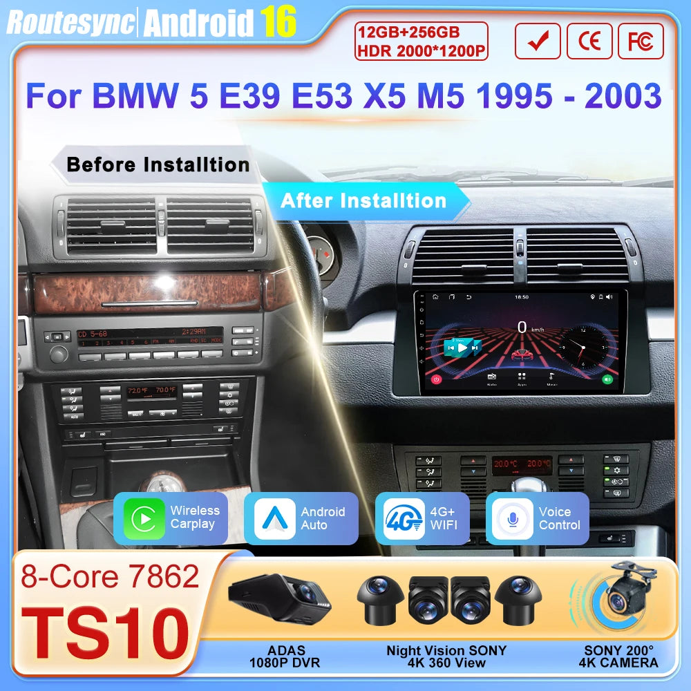 Android Car Stereo for BMW 5 Series E39 & X5 E53 (1995–2003) — Wireless CarPlay, Android Auto, 5G WiFi