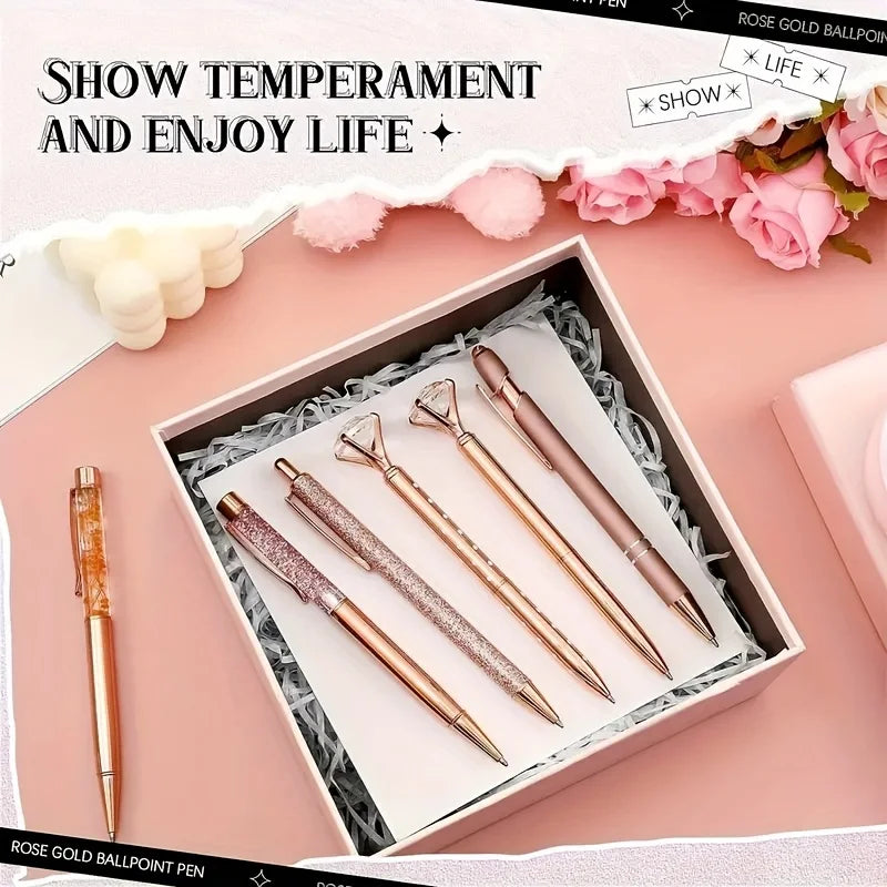 8pcs Rose Golden Ballpoint Pen Set - Stylish Metal Pens with Crystal Accents - Perfect for Students, Office, Gifts, and Weddings