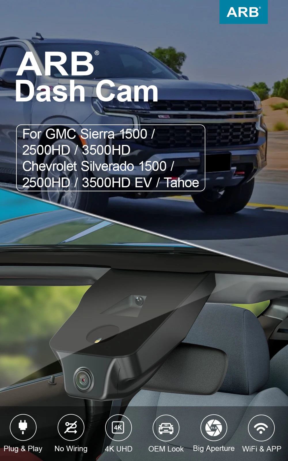 4K Vent-Mount Dash Cam with WiFi & App — Chevrolet Silverado/Tahoe/Suburban & GMC Sierra (2020–2026)