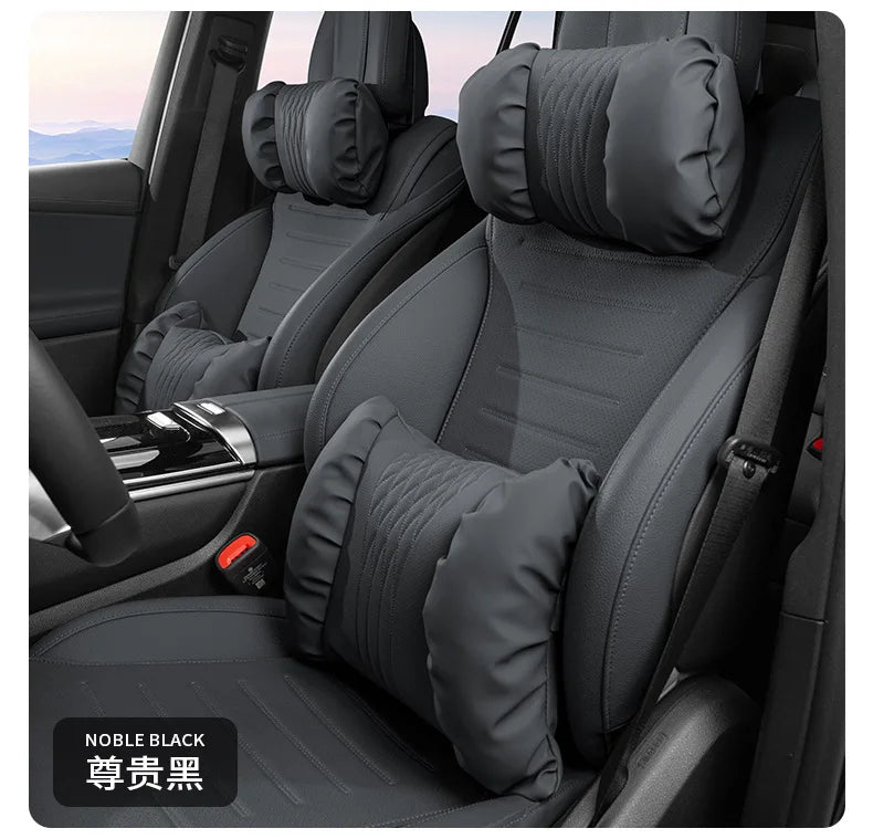 Nappa Leather Car Headrest & Lumbar Support Cushion – Soft Neck Pillow & Waist Pillow Set