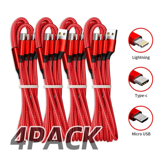 4pcs 3in1 USB-C Fast Charging Cable with Lightning Micro Type C Multi Interface Data Cable Suitable for Iphone Samsung Xiaomi