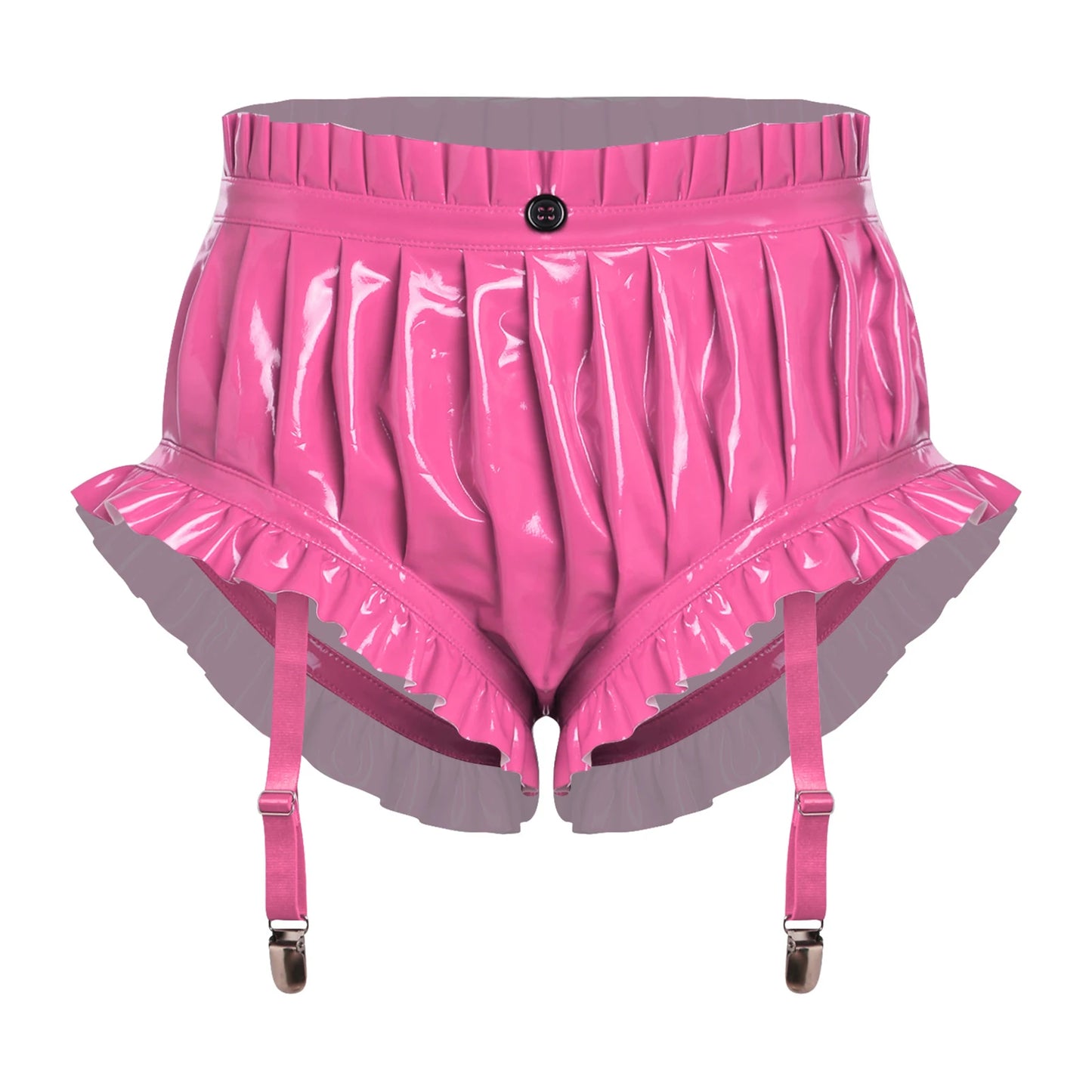 Womens Wet Look Lingerie Latex Shorts Patent Leather Ruffle Trim with Garter Clips Ruched Bloomer Shorts Glossy Rave Clubwear