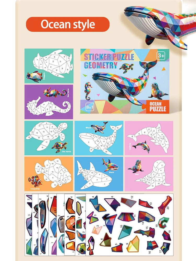 3D Puzzle Stickers DIY Craft Kits Animal Collage 5 Themes Back-to-School Gift Creative Educational 9-PCS Kit with Clips