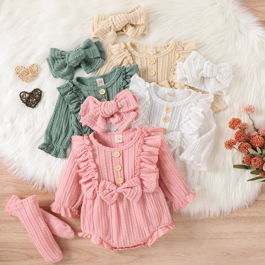 Infant Newborn Baby Girls 3Pcs Spring Autumn Outfits, Long Sleeve Button Front Ruffle Romper + Socks + Headband Set
