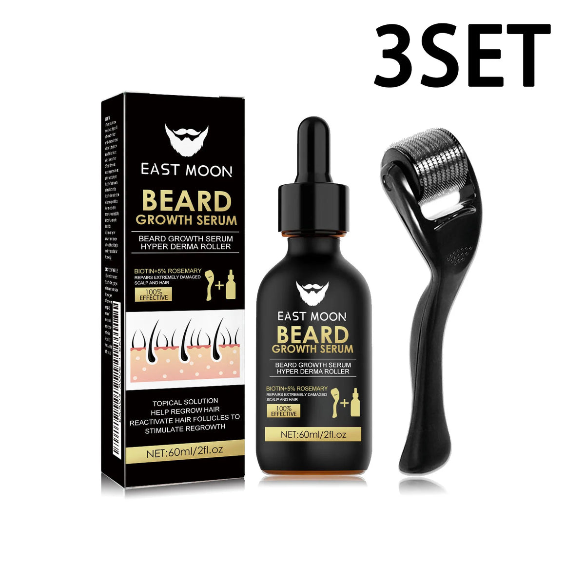 Beard Growth Serum Kit 0.2mm Derma Roller Infused Activate Hair Follicles Repair Damaged Beard Boost Fuller Thicker Beard Serum