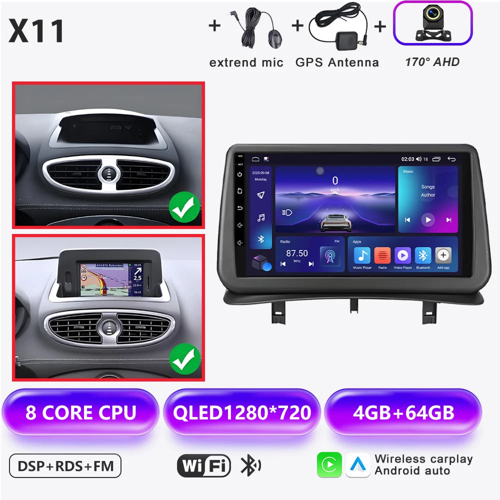 Android 16 Auto Car Radio For Renault Clio 3 2005-2014 Wireless CarPlay 4G Multimedia Player Navigation GPS Autoradio BT No 2din