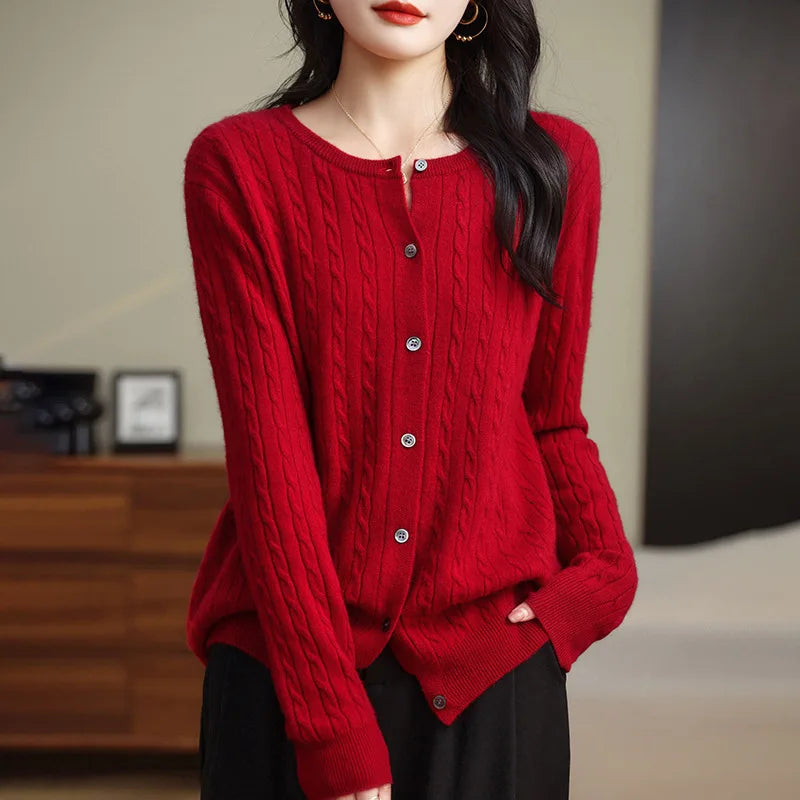 Women's Slim Fit Thick Knit Cardigan - Warm Crew Neck Sweater