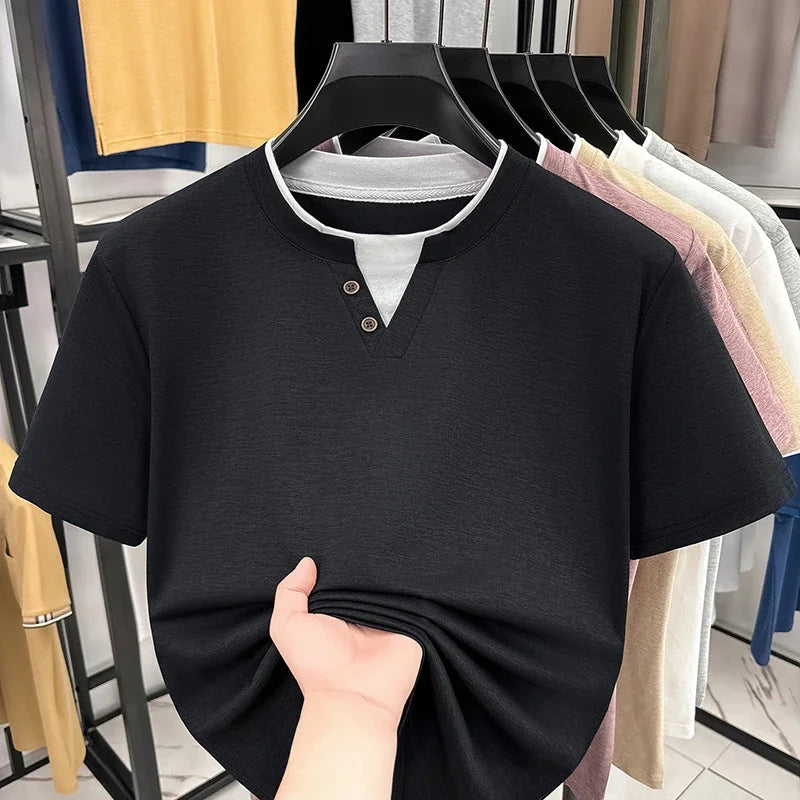 Men's Henley T-Shirt - Short Sleeve Button Detail, Layered Look