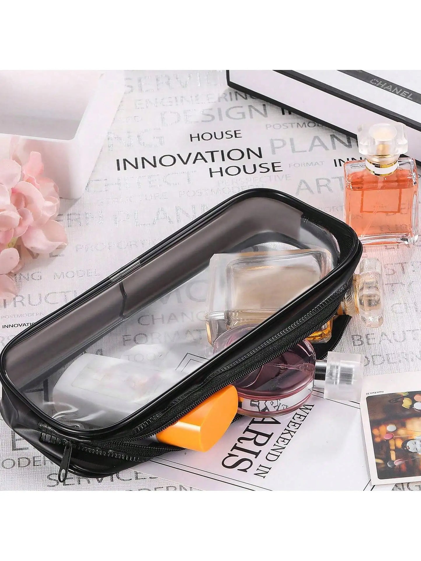2pcs Clear PVC Zipper Pencil Bag Toiletries Exam Pen Pencil Pouch Case Travel Luggage Make up Cosmetic Bag (Black and White)