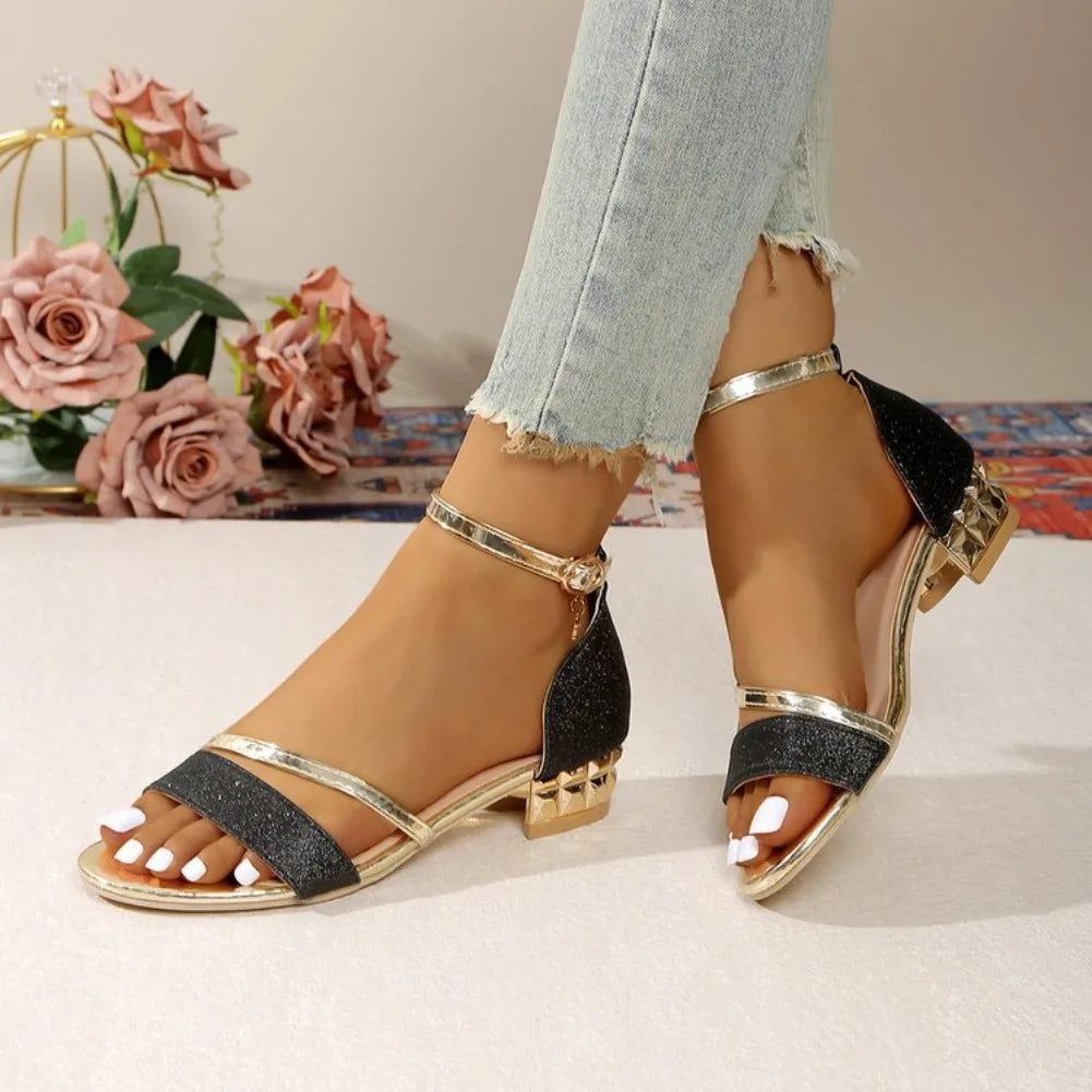 Crystal Low-Heel Dress Sandals for Women — Ankle-Strap Plus-Size Party Shoes