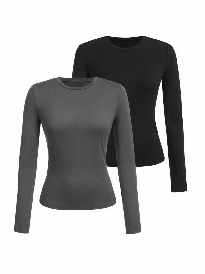 Women's solid-color long-sleeved T-shirt - Polyester knitted fabric, round neck, regular fit, fall-winter style