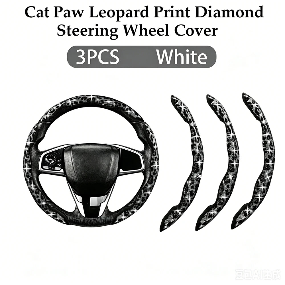 3PCS Shining Leopard Print Diamond Car Universal Steering Wheel Cover Luxury Colorful Diamond bulging Sparkling Steering Wheel