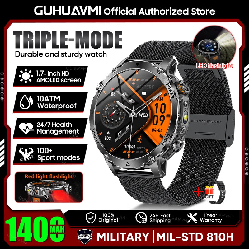 Rugged Outdoor Smart Watch — 1400mAh, 10ATM, Torch & BT Call