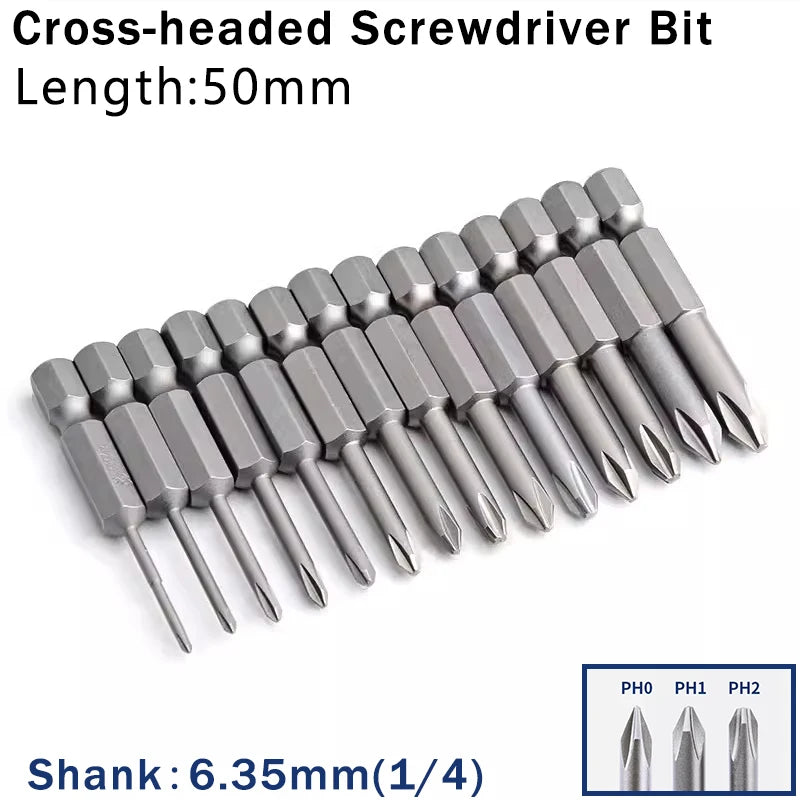 Cross Screwdriver Bit Set — 50mm Alloy Steel 1/4" Hex PH0/PH1/PH2 Bits
