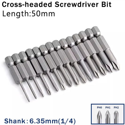 Cross Screwdriver Bit Set — 50mm Alloy Steel 1/4" Hex PH0/PH1/PH2 Bits