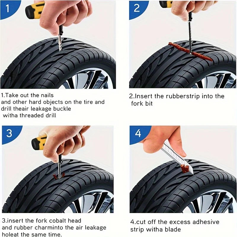 Emergency Tire Repair Kit - Heavy-Duty Glue & Rubber Strips for Flat Puncture Fix on Cars/Trucks/RVs, On-the-Go Safety Solution