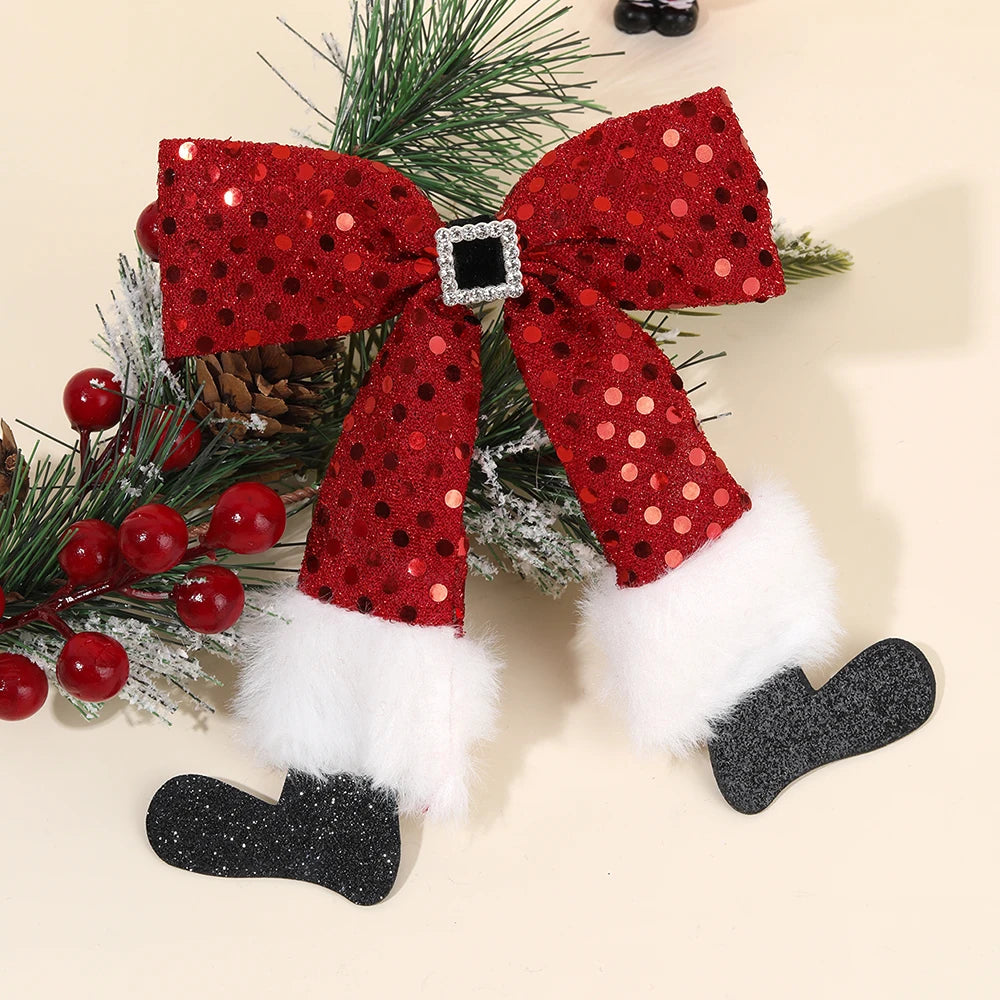 New Christmas Hair Clips Santa Pants Hairpins Red Sequin Bows Barrette For Girls Xmas Party Decor Headwear Hair Accessories