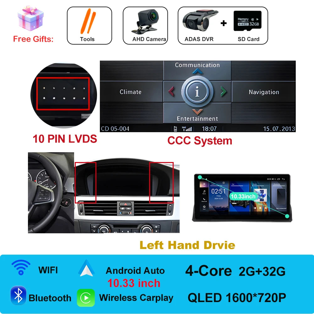 Car Stereo with Apple CarPlay & Android Auto, Compatible with BMW 3 Series E90 E91 E92 (CCC/CIC)
